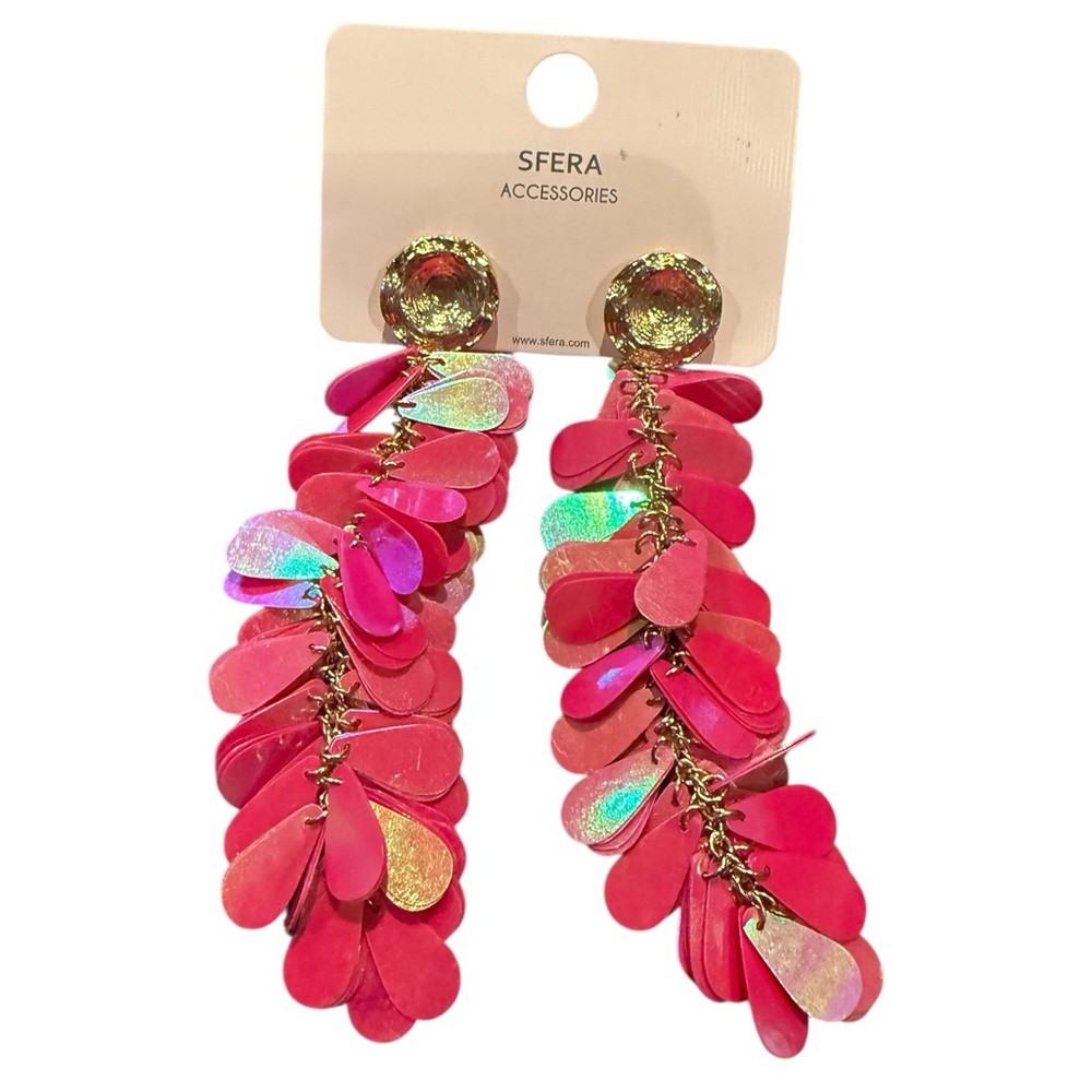 ☮️New SFERA Pink Iridescent Sequin Drop Earrings Statement Dangle Festival Glam